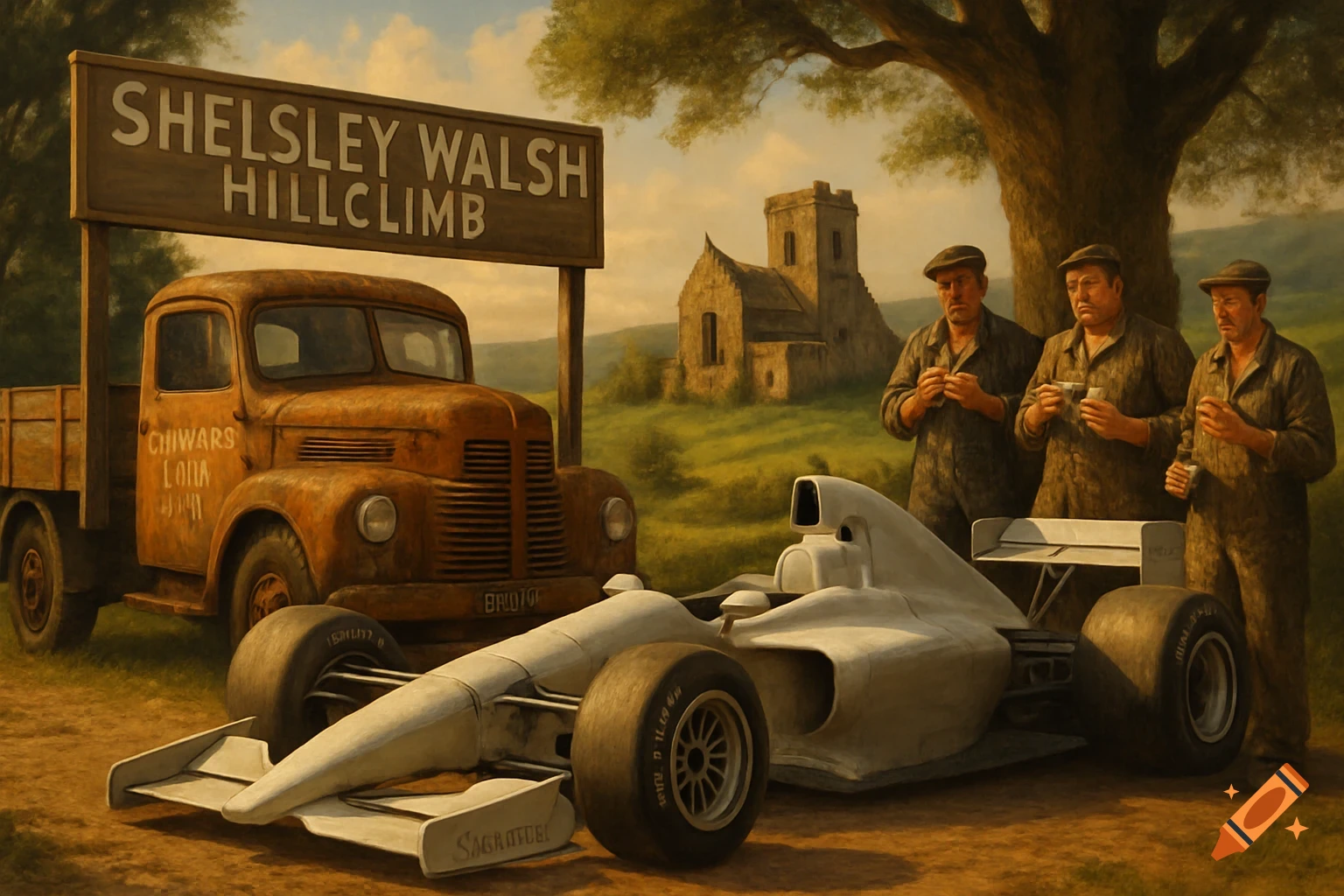 An unpainted white F1 car and a rusty vintage truck next to a sign, with three mechanics and a church in a rural landscape.