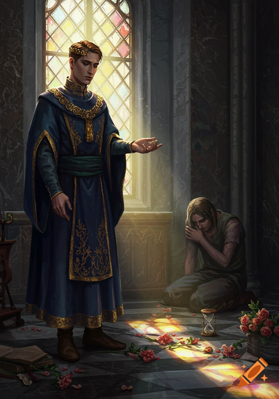 A richly robed figure stands offering a hand to a kneeling, distraught figure in a sunlit hall with stained glass and scattered roses.