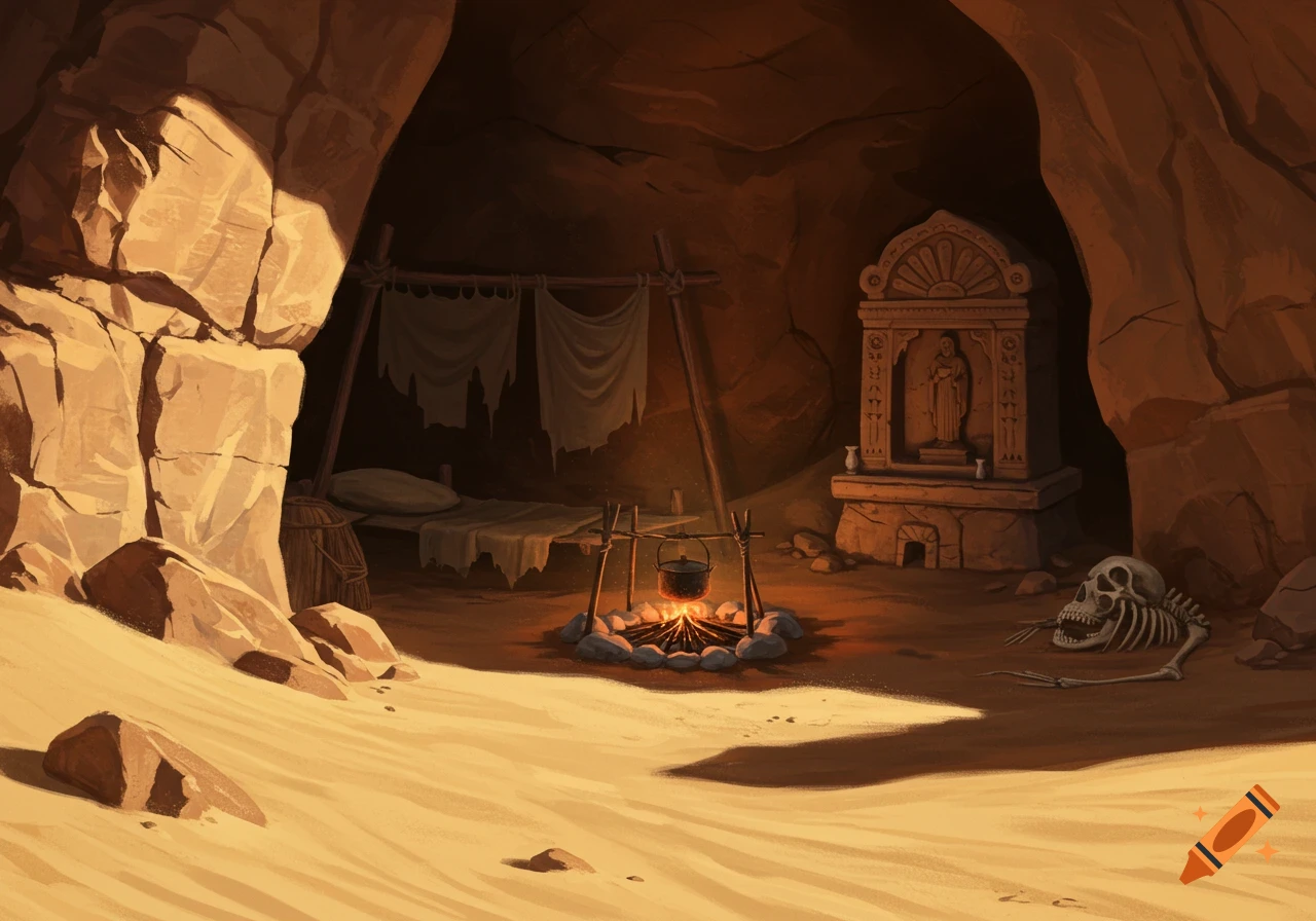 An illustrated cave dwelling in the desert with a campfire, bed, a shrine, and a skeleton on the ground.