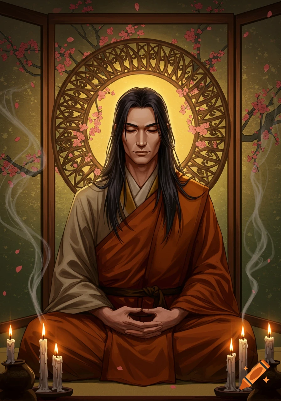A long-haired monk in a red robe meditates with closed eyes, surrounded by candles, cherry blossoms, and a golden halo.
