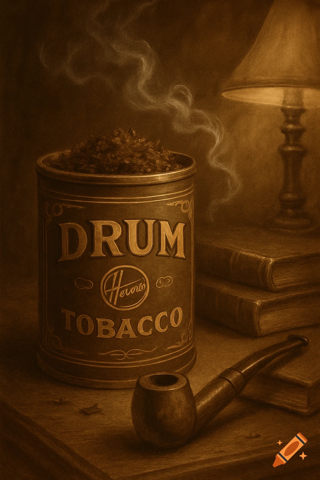 A sepia-toned still life of a round "DRUM TOBACCO" tin filled with tobacco, a wooden pipe, and stacked books next to a lit lamp, with smoke rising.