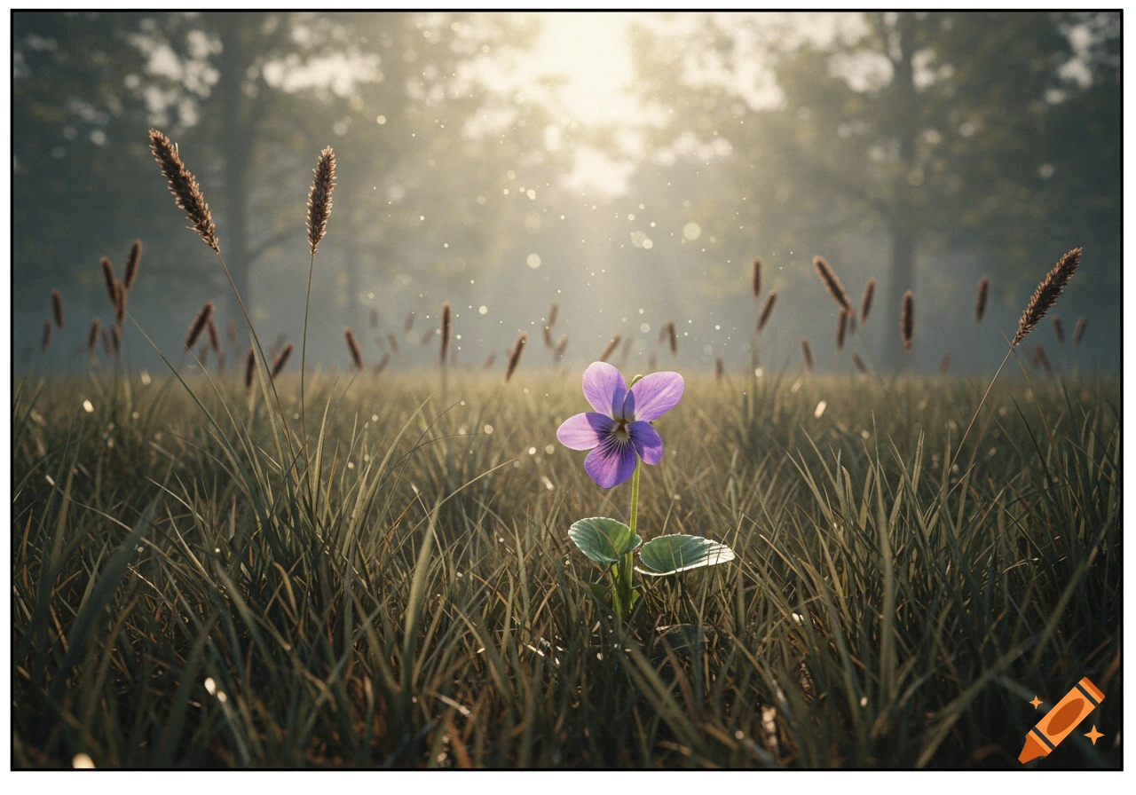 A single purple violet flower stands prominently in a sunlit grassy field with blurred trees in the background.