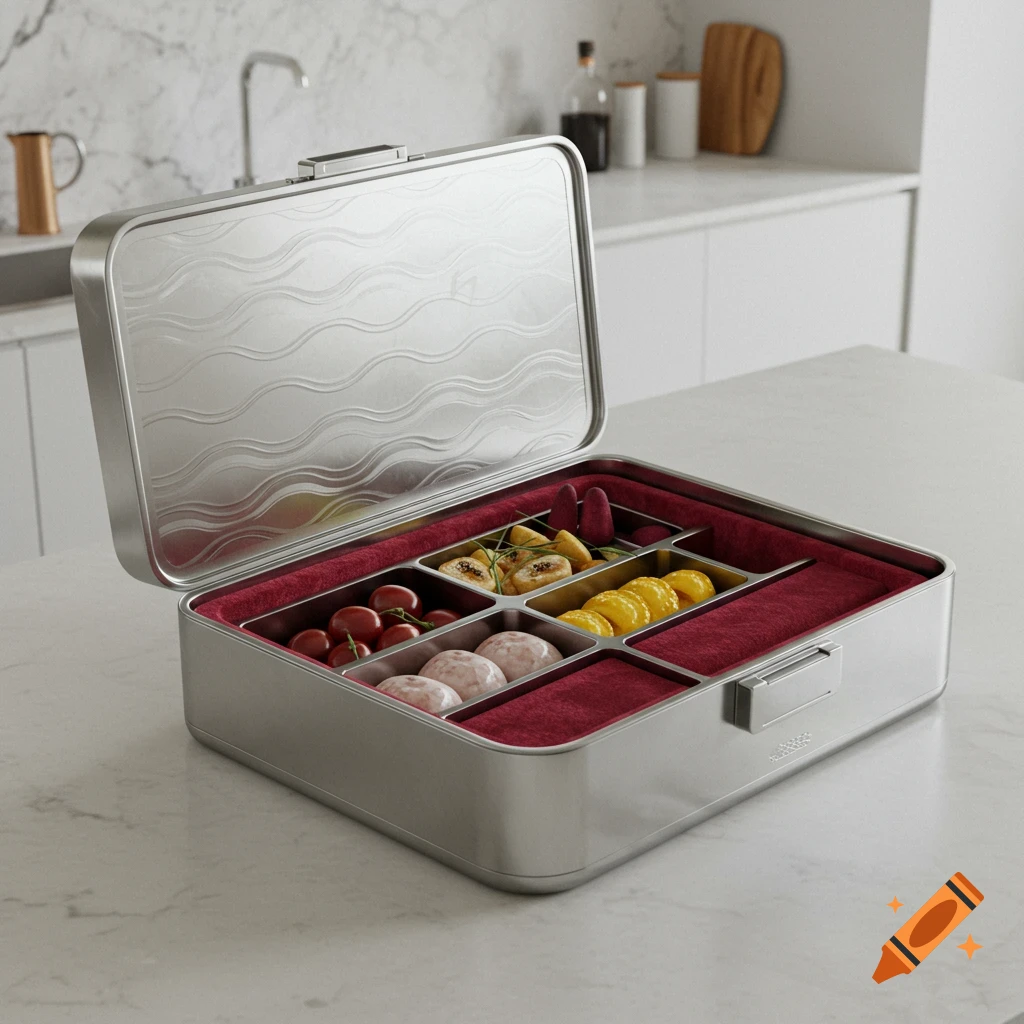 A silver luxury lunchbox with a wavy pattern on its lid, open to reveal multiple compartments filled with food, on a kitchen counter.