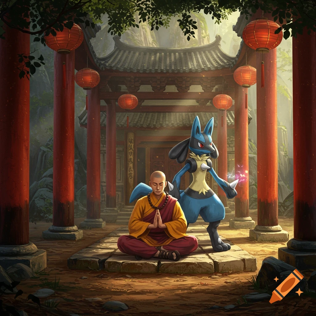 A bald monk meditates on stone steps in front of a temple, with Lucario standing beside him, under red lanterns.