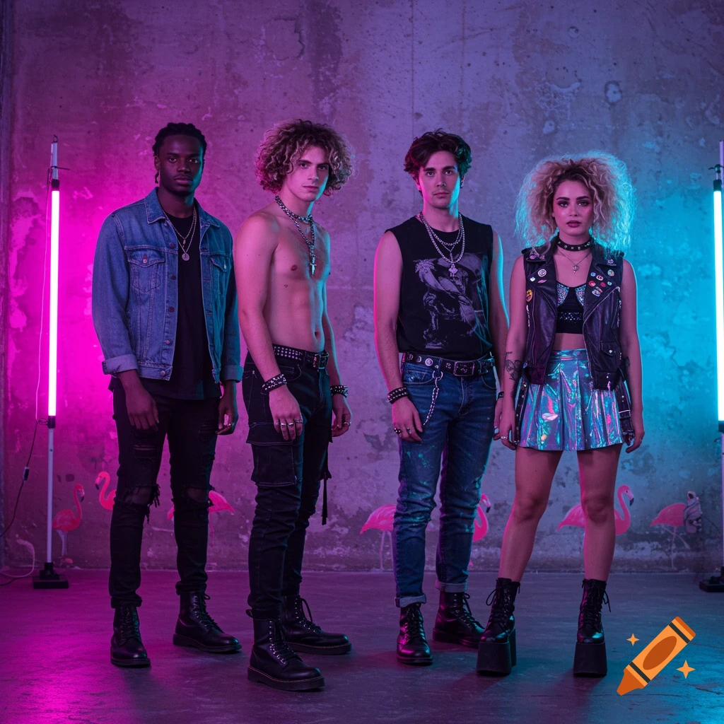 Four band members in vaporwave-grunge style under vivid neon light, with flamingos in the background. Photorealistic.