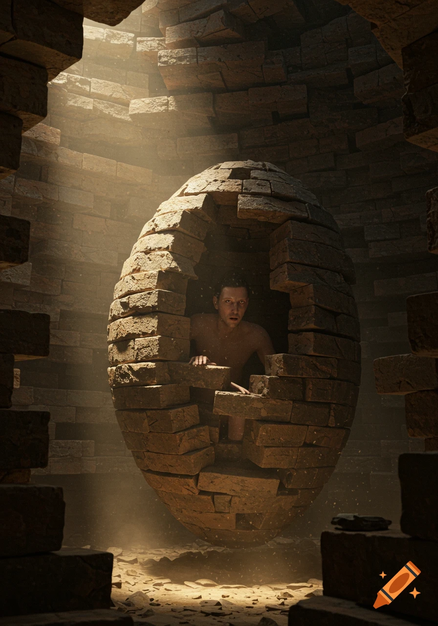 A man peers out of a broken egg-shaped brick cocoon in a dimly lit, dusty brick chamber with light rays.