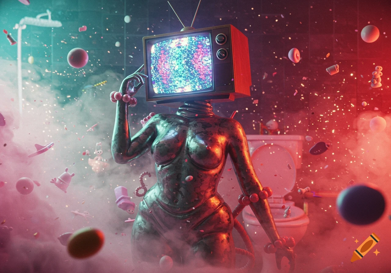 A headless figure with a static-filled TV for a head stands in a smoke-filled bathroom with a toilet and floating objects, lit by red and blue lights.