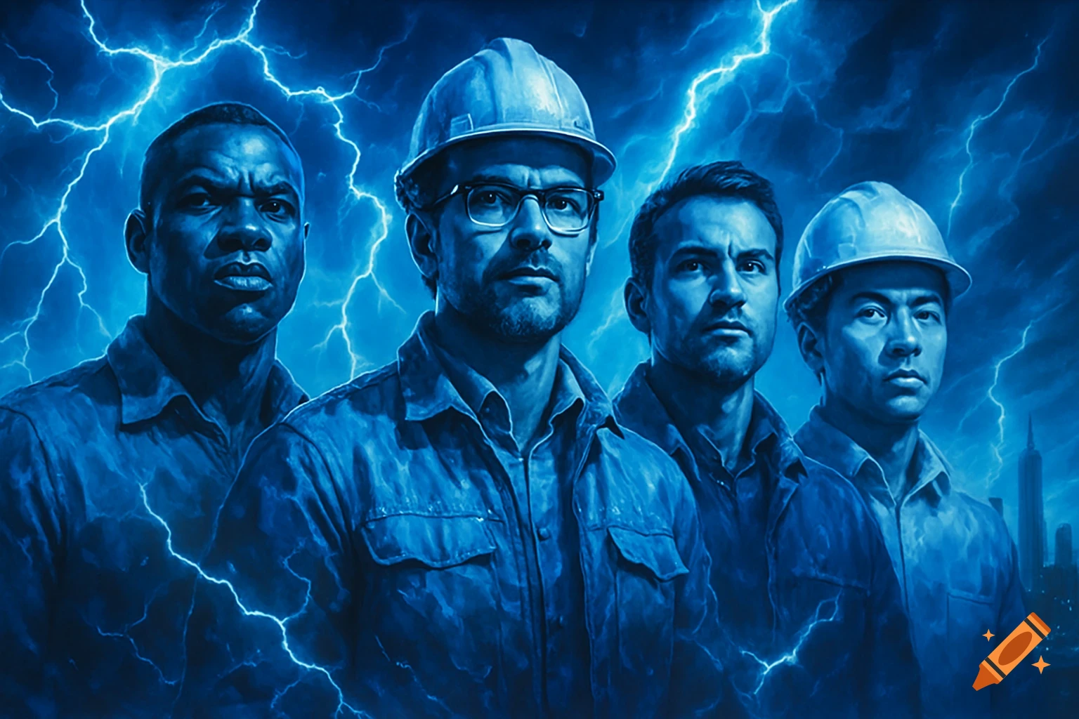 Four serious-looking men in work shirts and hard hats stand against a backdrop of blue lightning and a dark city skyline.