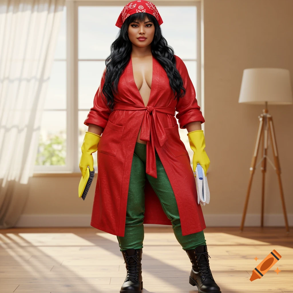 Photorealistic image of a woman in a red bandana, red robe, green pants, yellow cleaning gloves, black boots, holding a brush and cloth.