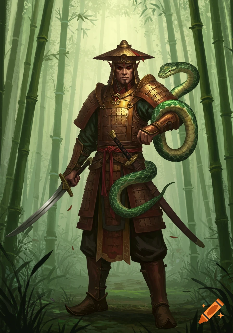 A fantasy warrior with pointed ears wearing ornate bronze armor and a conical hat stands in a bamboo forest with a green snake wrapped around his arm, holding two swords.