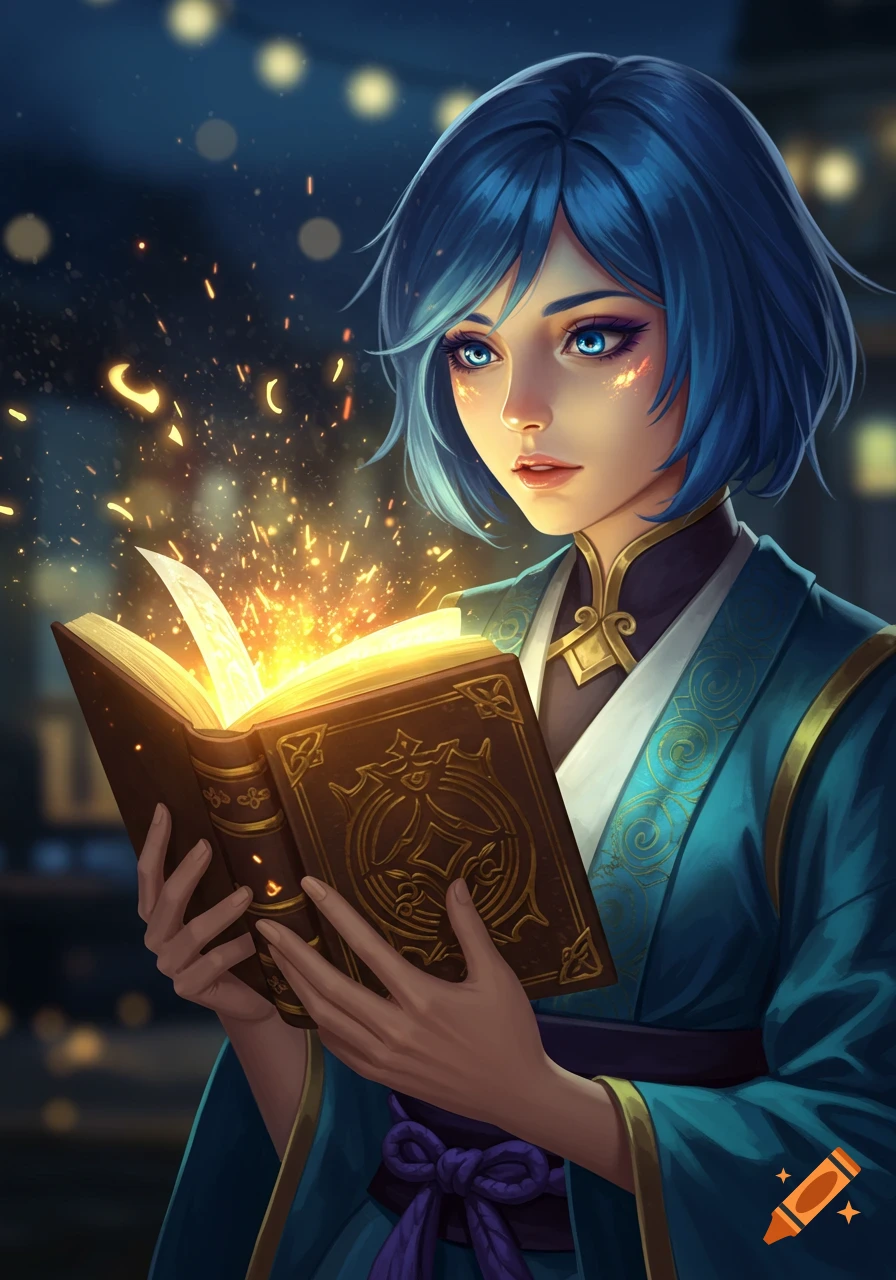 A digital fantasy illustration of a young woman with blue hair and glowing blue eyes, holding an open book emitting golden magical sparks.