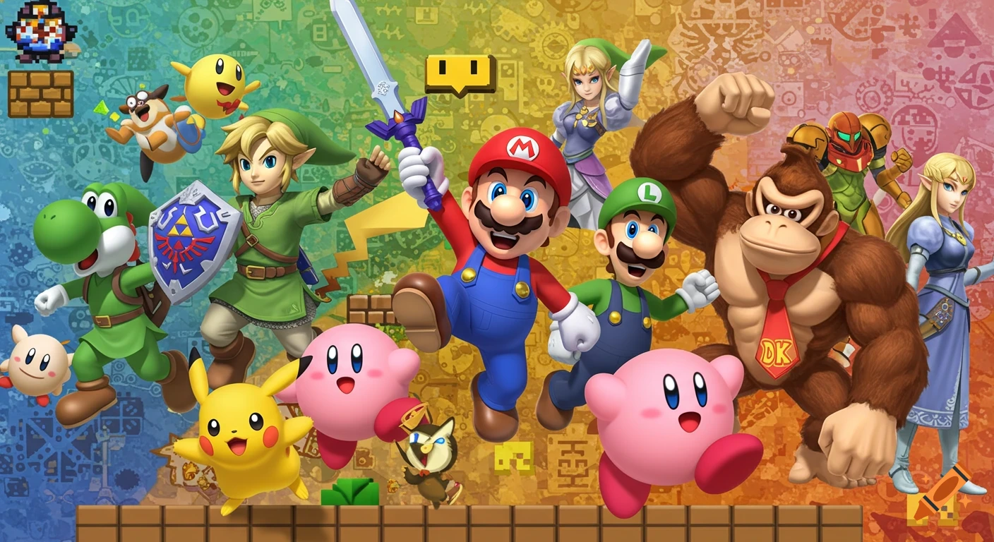 A vibrant Nintendo wallpaper with Mario jumping, Luigi running, Link with sword and shield, Pikachu smiling, two Kirbys, Donkey Kong, Yoshi, Samus, and Zelda against a colorful pixel art background.