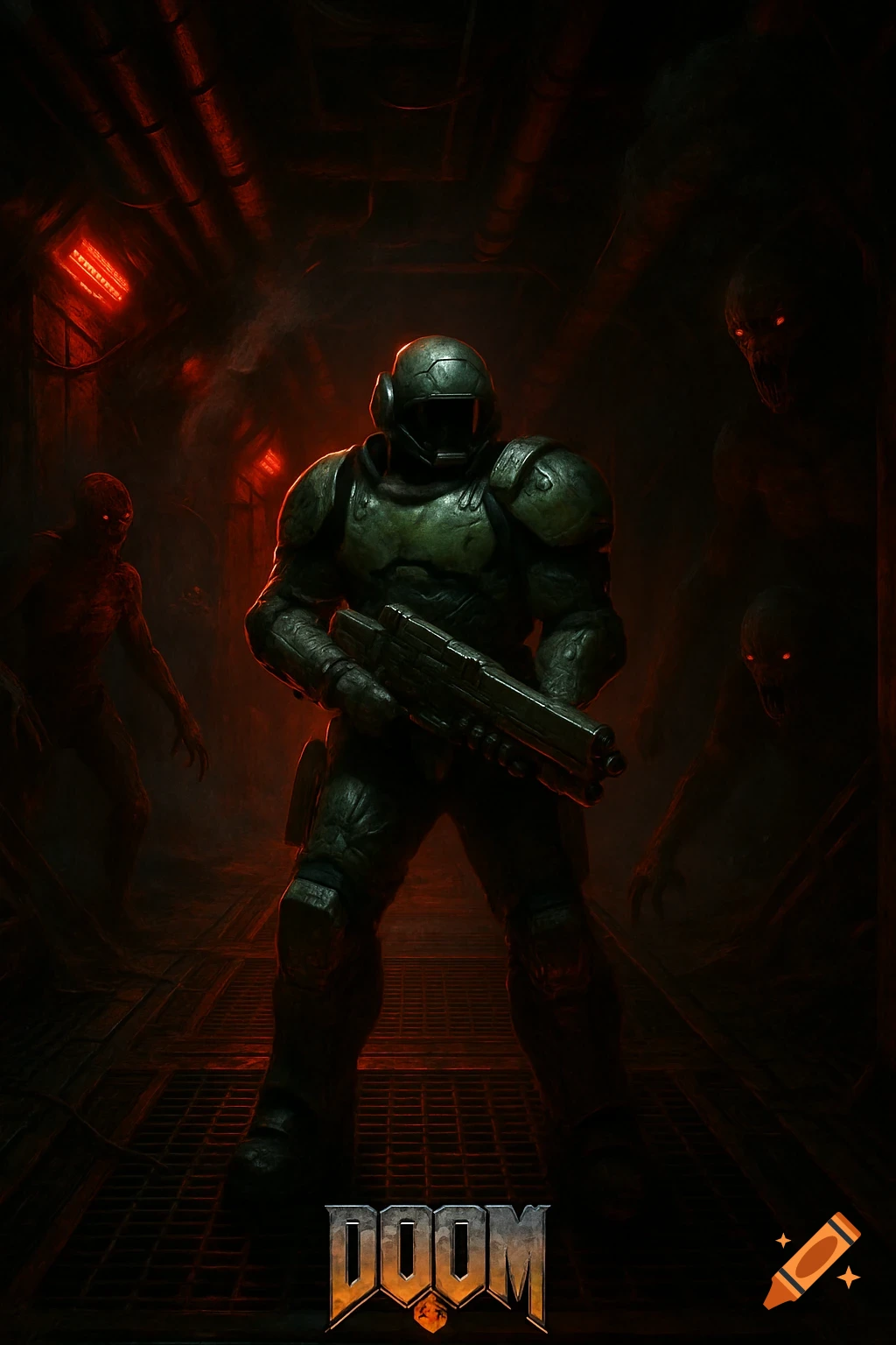 A futuristic space marine in green armor stands in a dark, red-lit corridor with demons lurking, and the DOOM logo below.