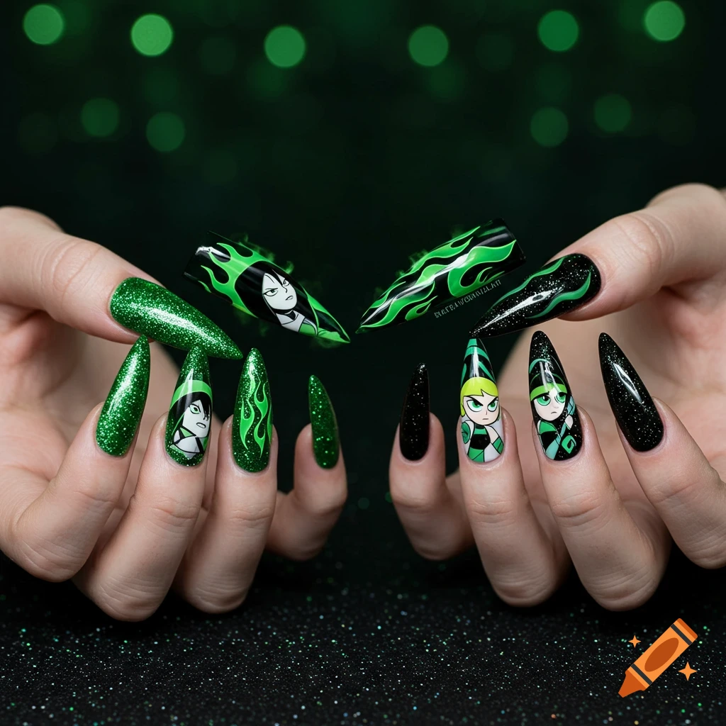 Close-up of hands displaying stiletto nails with green glitter, black glitter, green flames, Shego, and Buttercup character art on a dark green glittery surface.