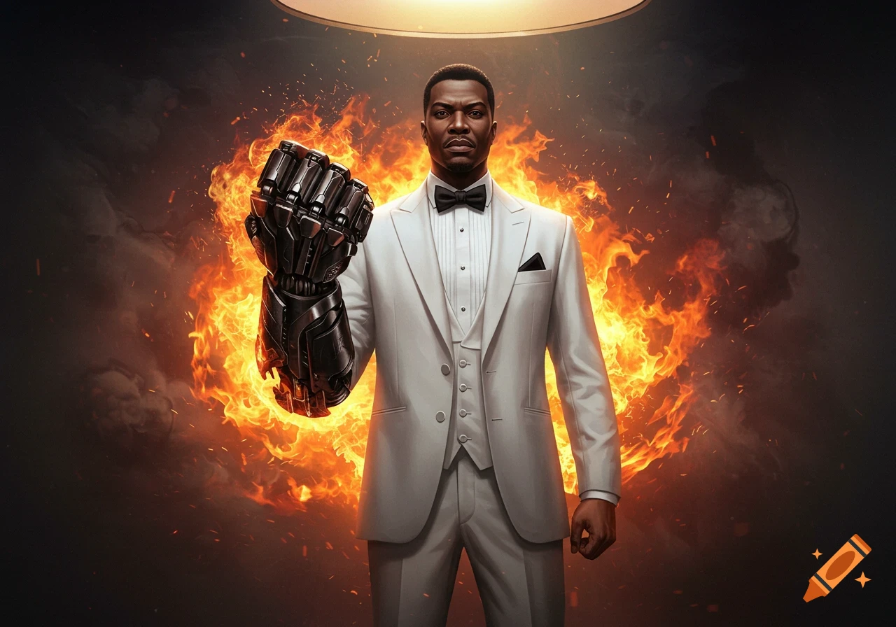 A man in a white tuxedo with a black armored fist engulfed in fire, standing in a dark room.