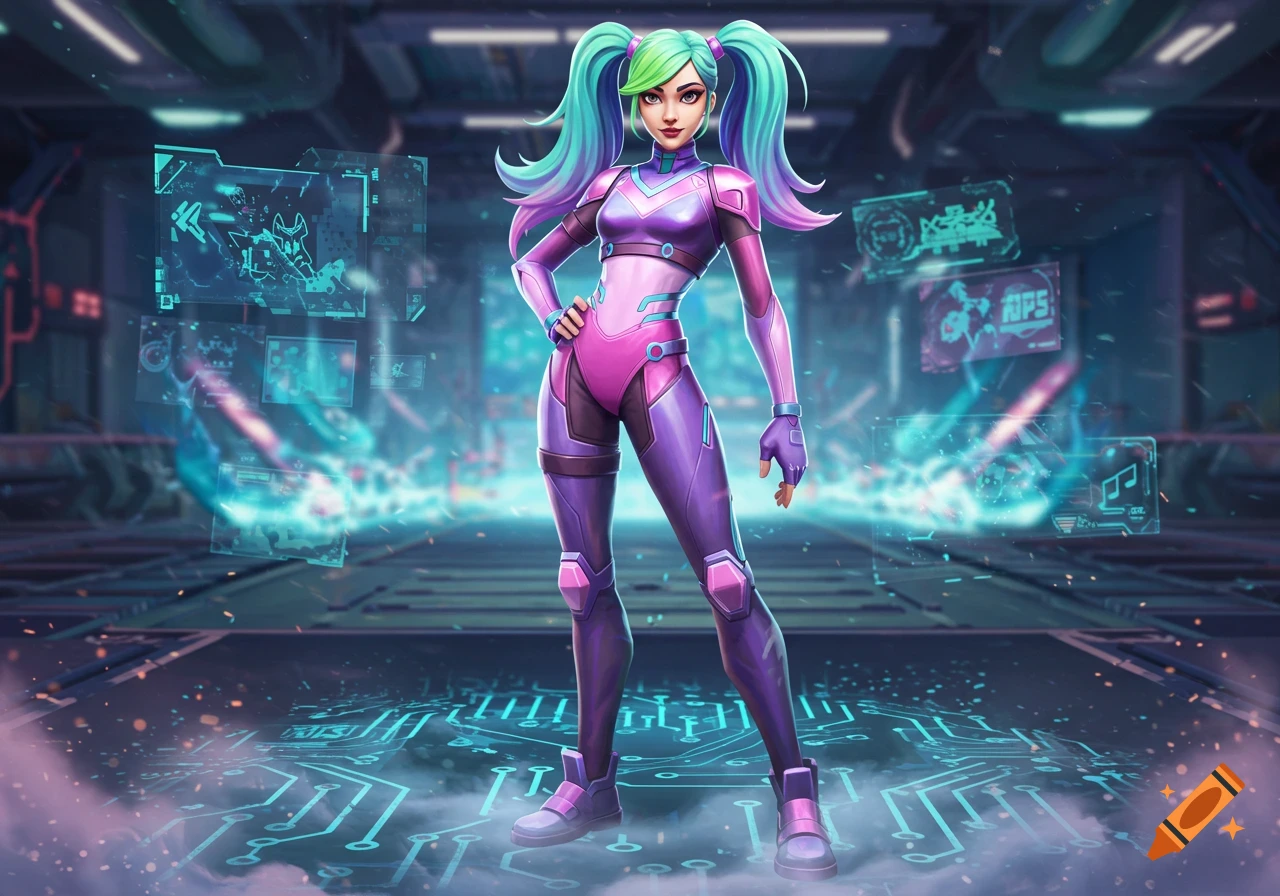A female character with bright teal and purple pigtails in a pink and purple futuristic suit stands in a sci-fi room with holographic screens.