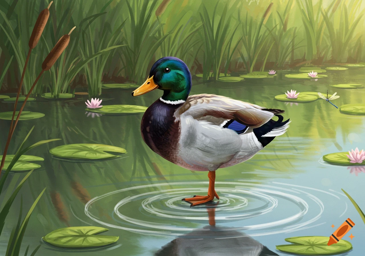 An illustrative mallard duck stands on one leg in a pond surrounded by lily pads and cattails.
