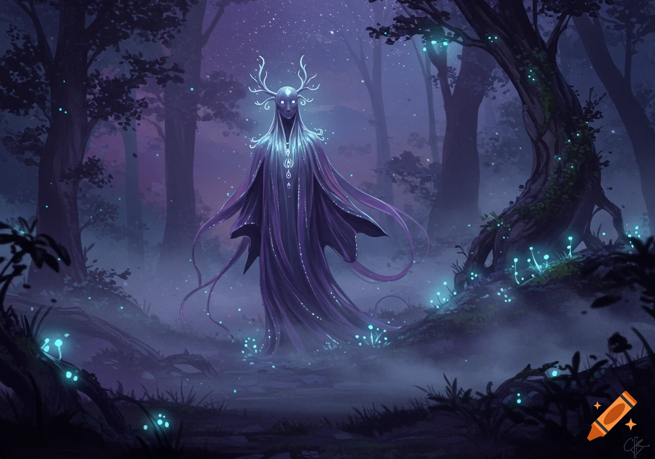 A glowing, spectral forest spirit with antlers stands in a mystical, purple-lit forest filled with bioluminescent mushrooms.