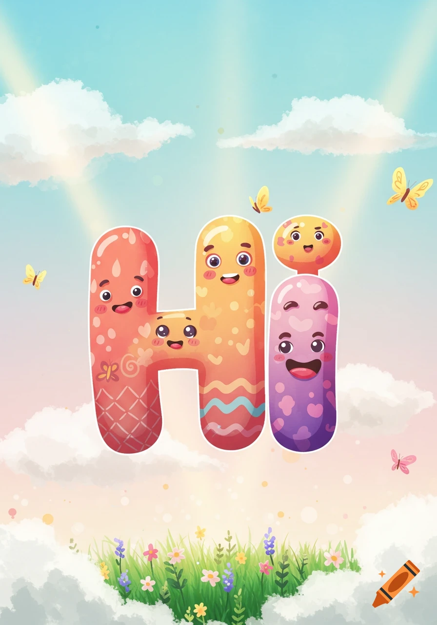 Whimsical cartoon letters spelling 'HI' with smiling faces, floating in a sky with clouds, sunbeams, butterflies, and a field of flowers.