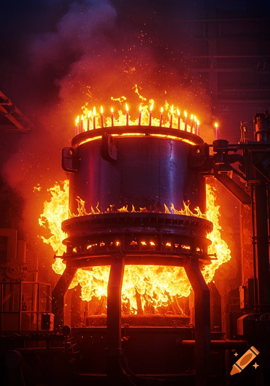 A large industrial furnace or annealer is ablaze with bright orange and yellow flames, with many lit birthday candles arranged around its top rim, creating a dramatic and fiery scene.