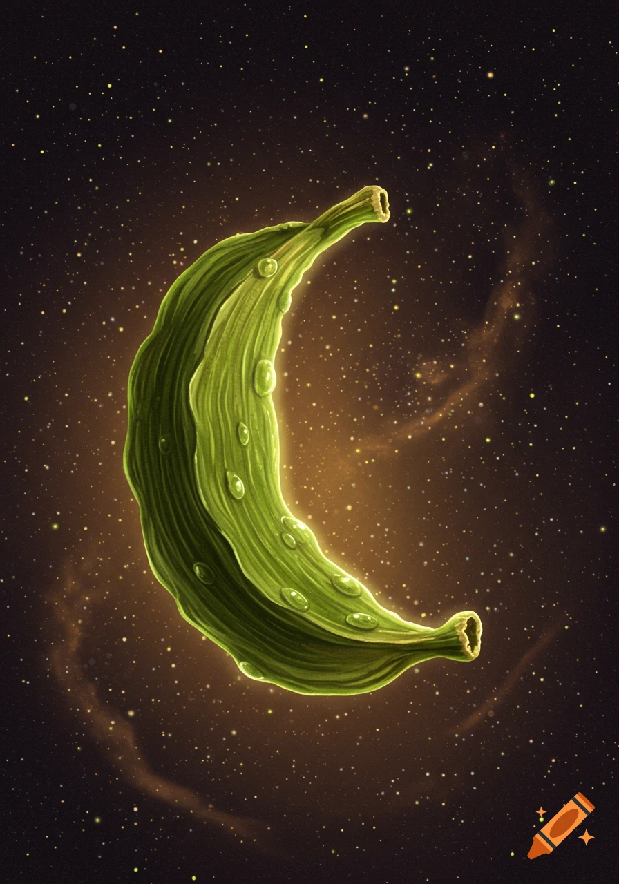 Illustrated green leaf or pod curved like a crescent moon, with water droplets, against a dark, starry sky.