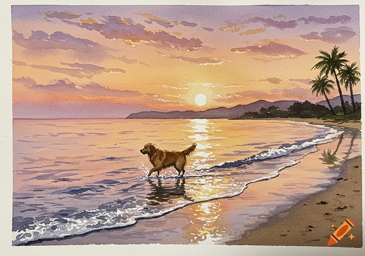 A watercolor painting of a golden retriever walking in the shallow ocean water on a beach at sunset with palm trees.