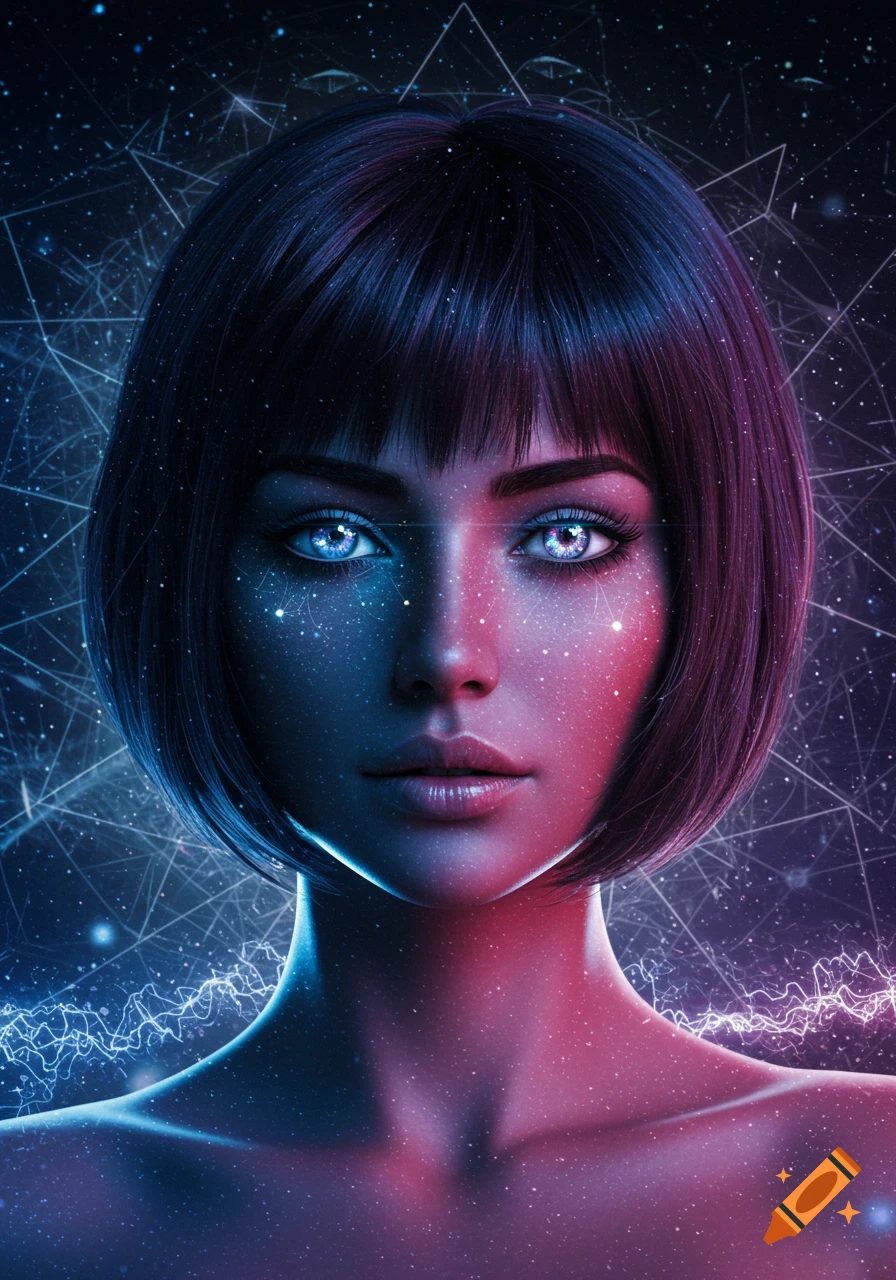 Close-up portrait of a woman with a bob haircut, glowing with blue and pink light, surrounded by abstract cosmic lines and stars.