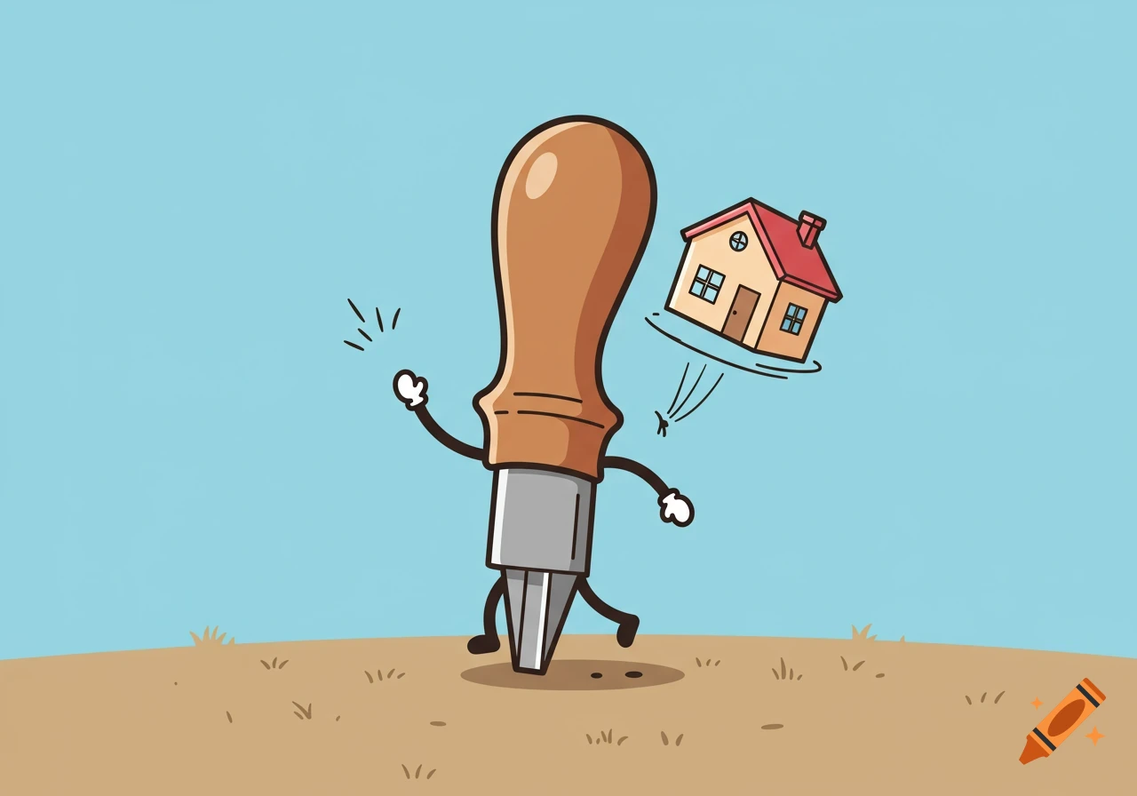 A cartoon awl with arms and legs waving while throwing a small house.