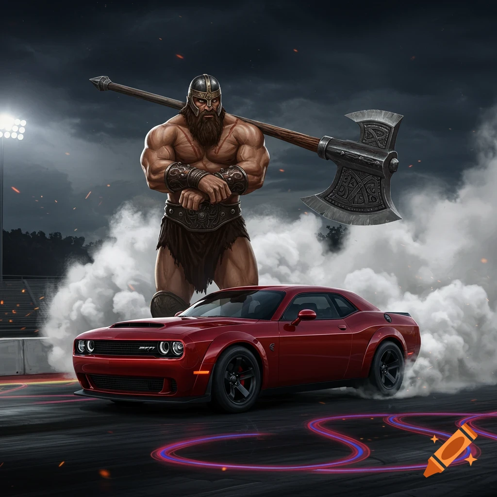 A muscular barbarian with a giant axe stands by a red Dodge Challenger SRT Demon on a smoky drag strip. Digital art.