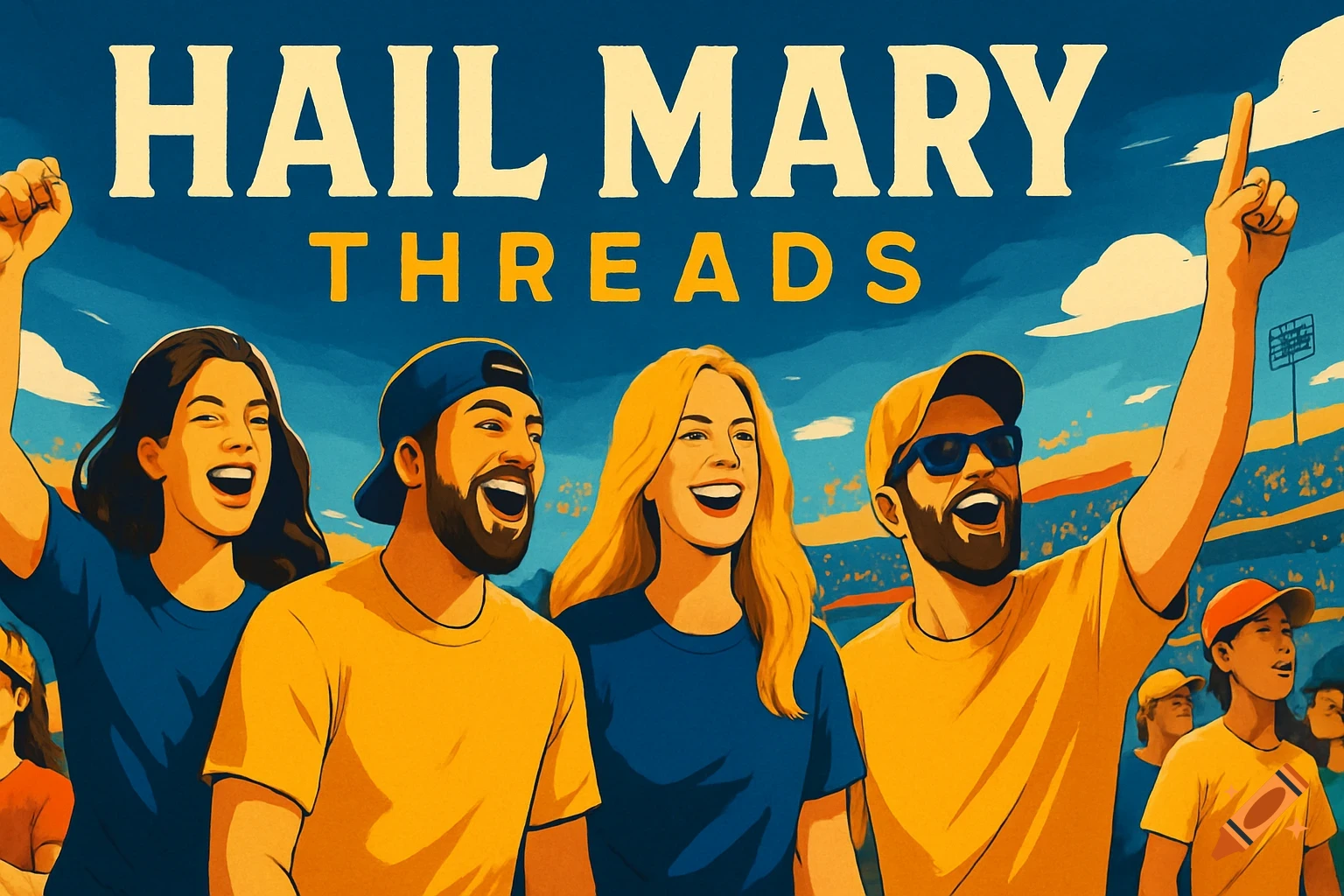 Stylized illustration of cheering sports fans in a stadium with text 'HAIL MARY THREADS' above them.