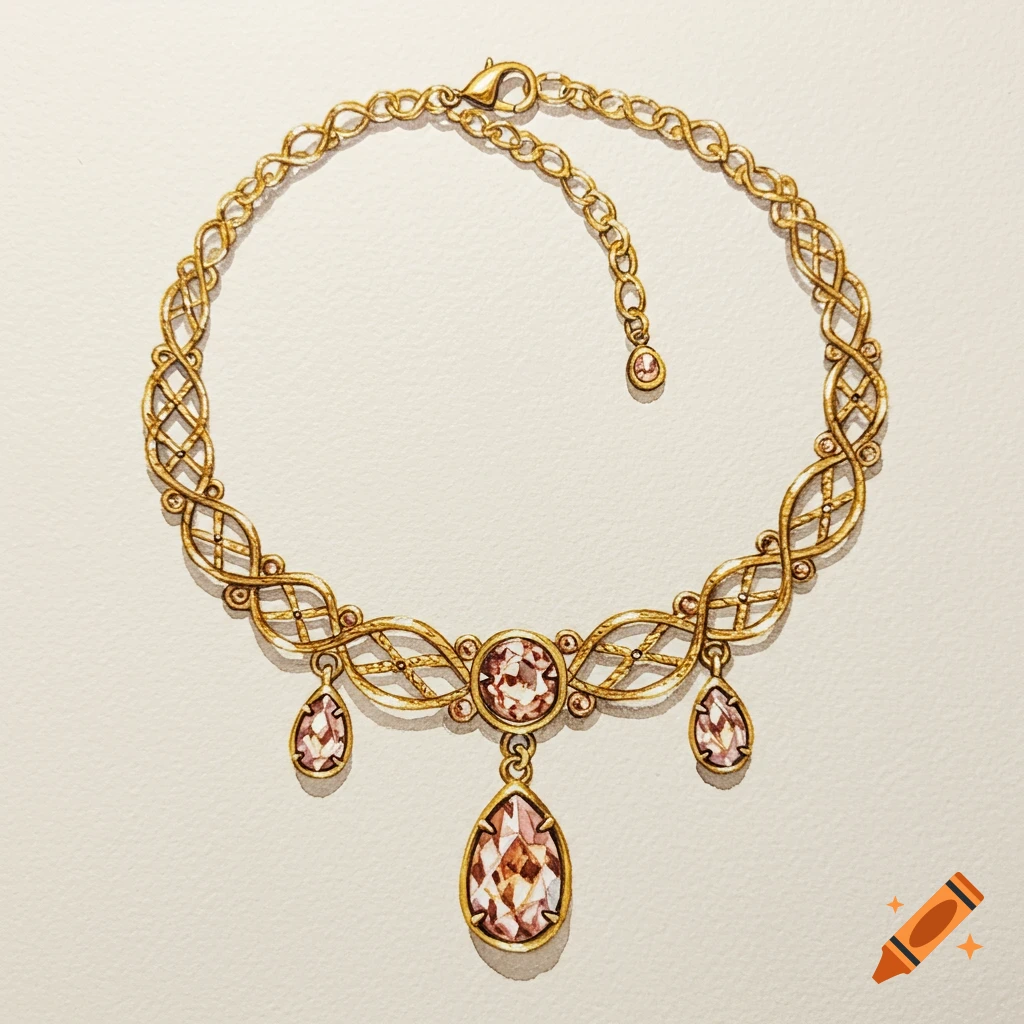 A watercolor illustration of an intricate gold necklace with pink oval and teardrop gemstones.