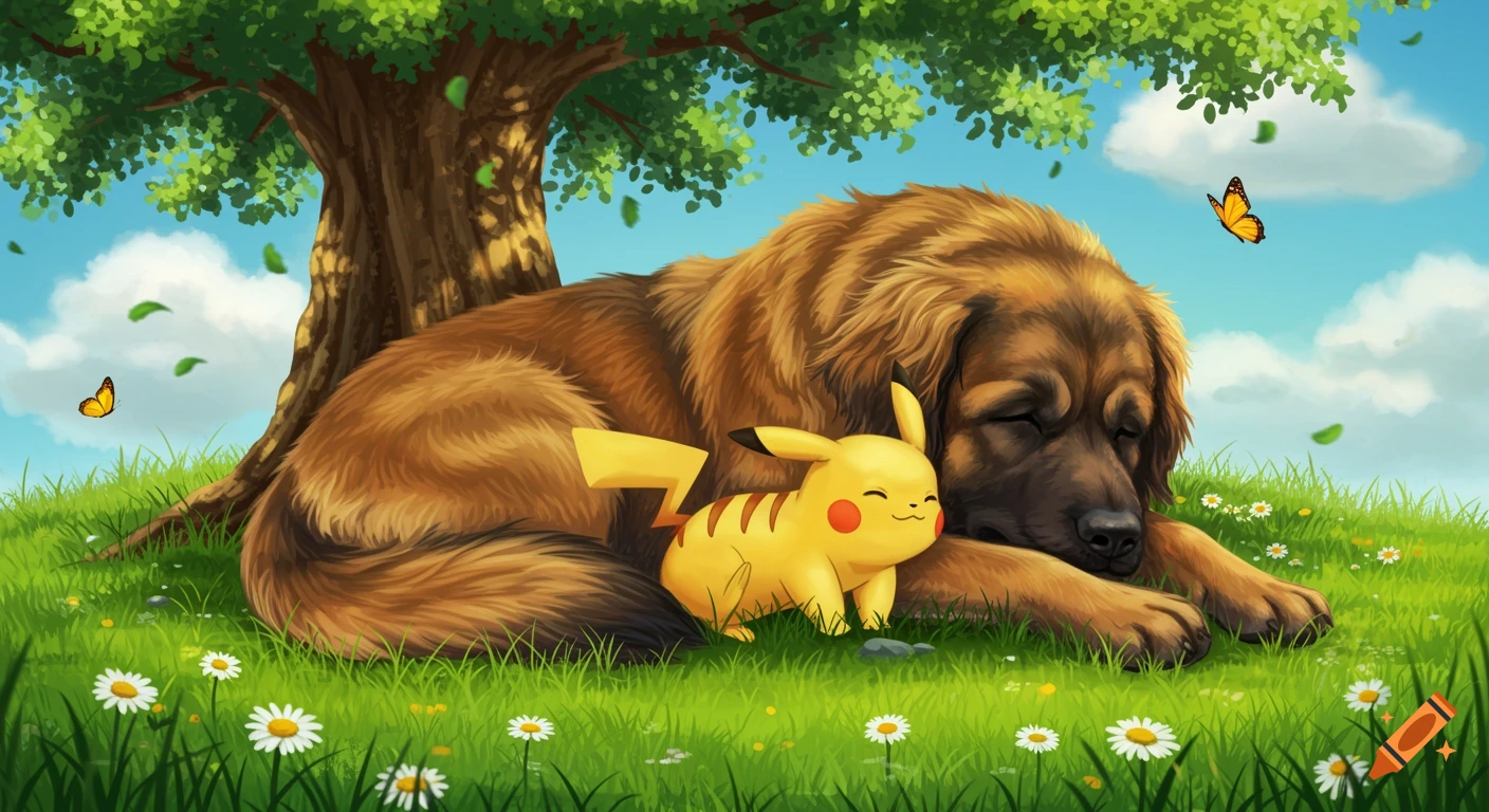 A cartoon Leonberger dog and Pikachu sleep cuddling under a tree in a grassy field with daisies and butterflies.