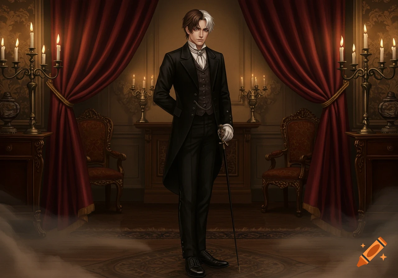 A stylized portrait of a Victorian gentleman with brown and white hair in a black tailcoat, holding a cane in an ornate room.