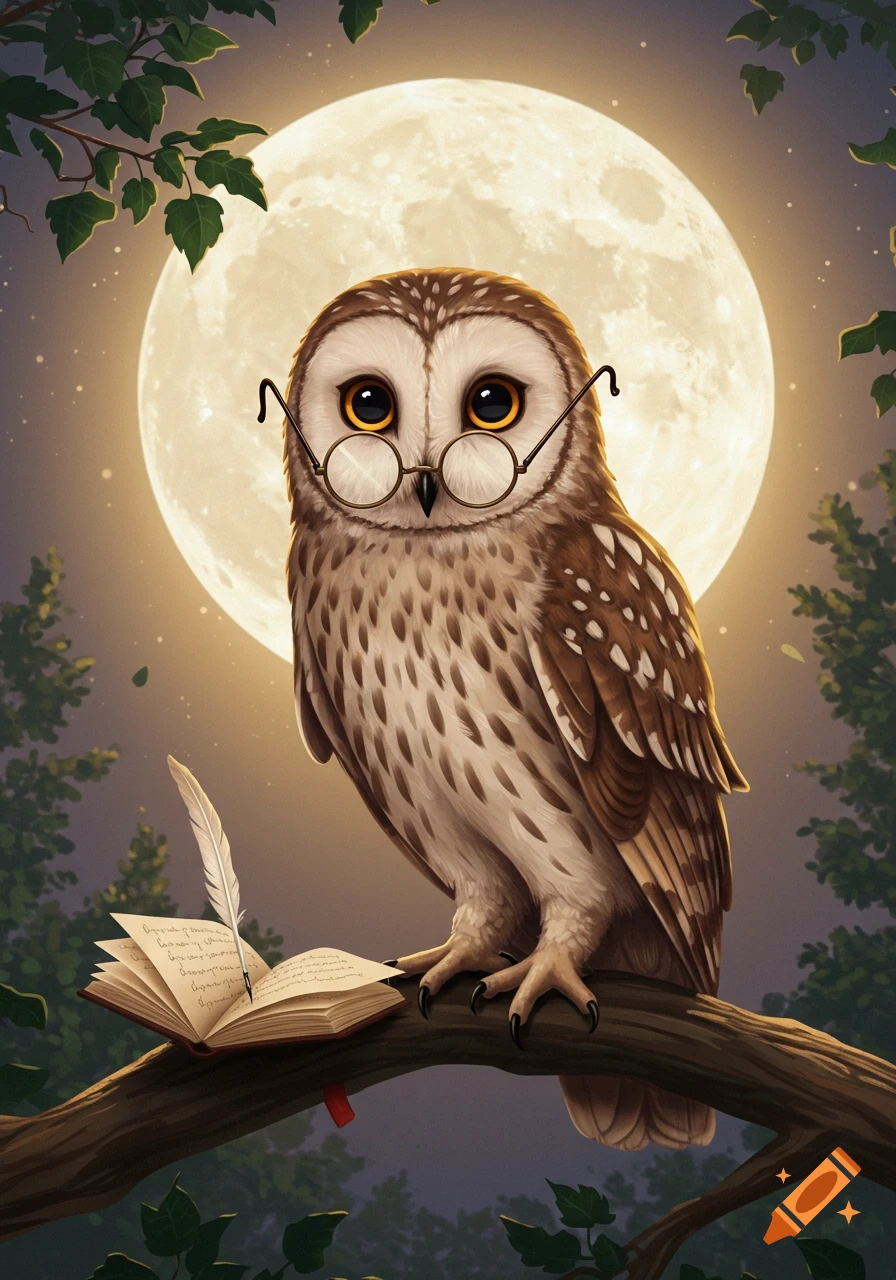 A whimsical owl wearing glasses sits on a branch with an open book and quill, illuminated by a large full moon.