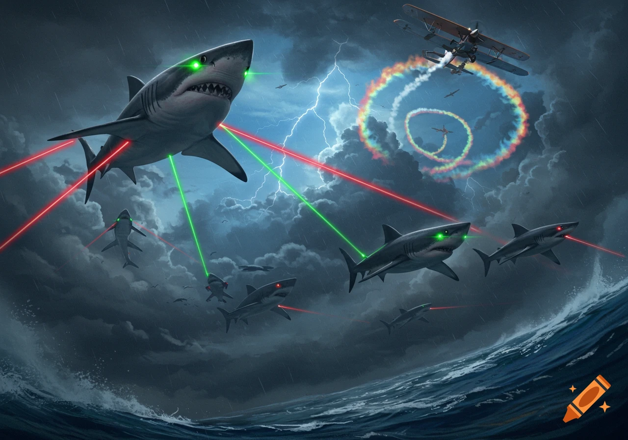Flying sharks with laser eyes in a stormy sky, a biplane performs aerobatics with a rainbow smoke trail over rough seas.