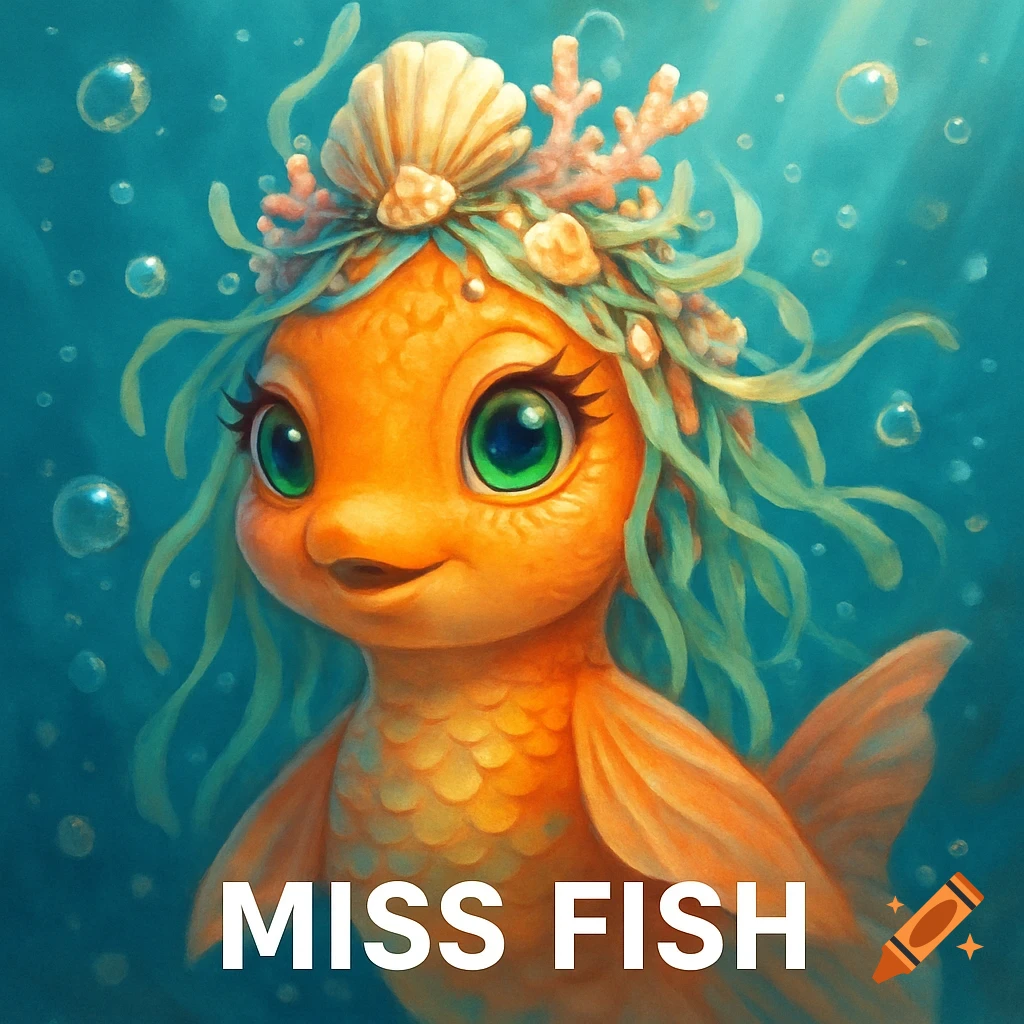 A cute, stylized orange fish character with large green eyes, a shell, and seaweed on its head, swimming underwater with bubbles. Text: MISS FISH.