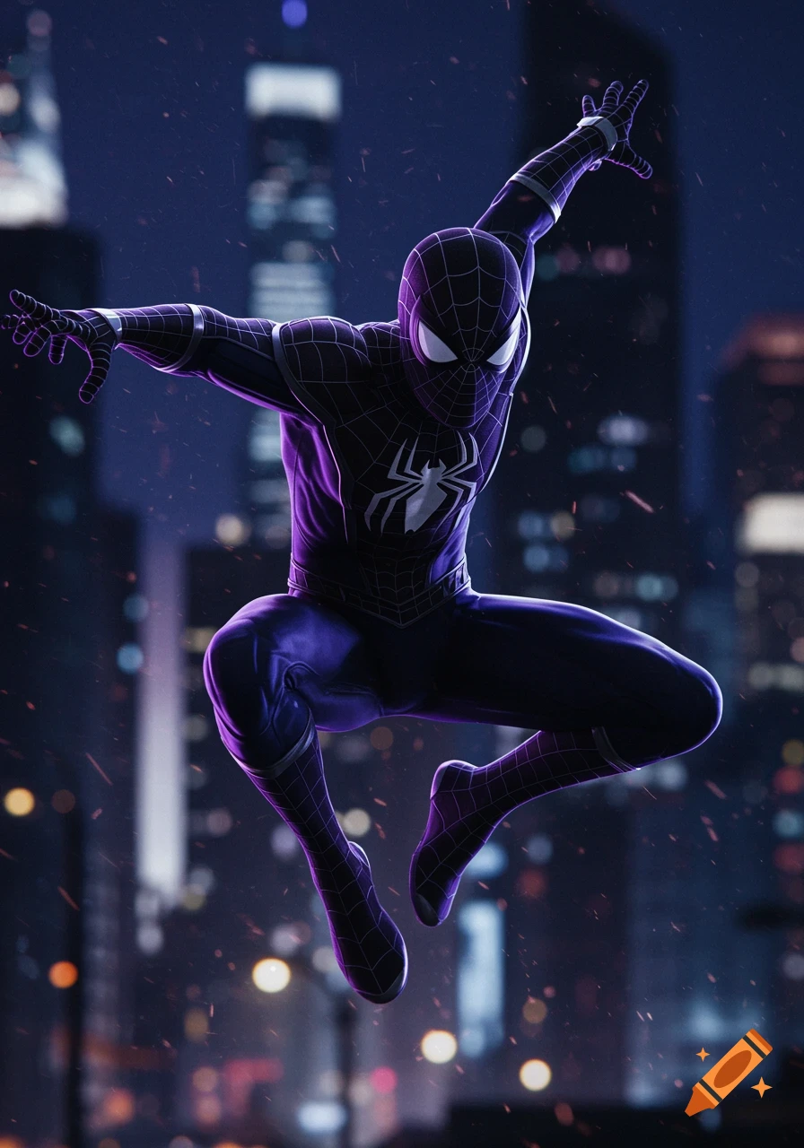 A vibrant, stylized digital art image of Spider-Man in a black and purple suit with a white spider logo, mid-jump against a blurry city night.