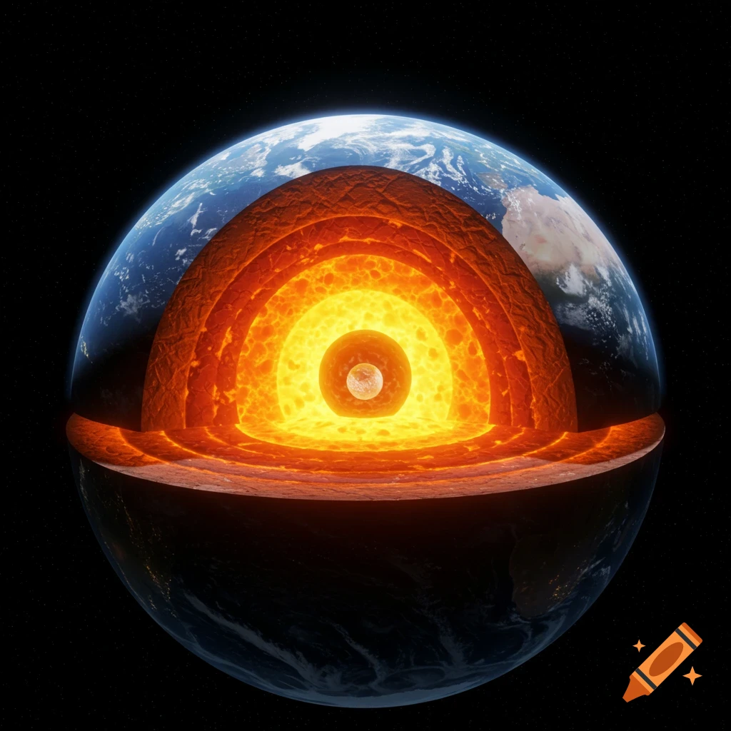 A detailed cross-section of the Earth showing its core, mantle, and crust, set against a dark space background.