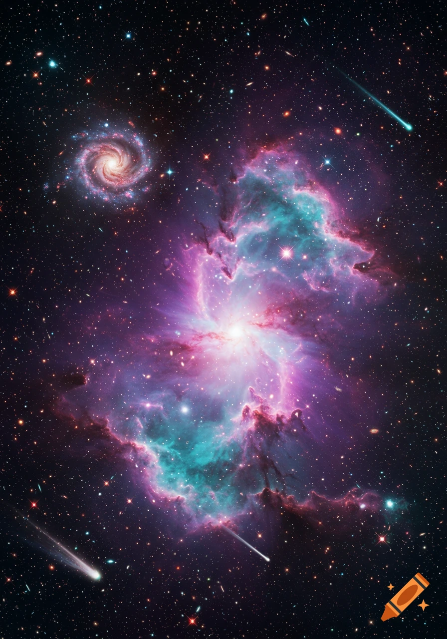 A vibrant space scene with a bright pink and teal nebula, a spiral galaxy, and several shooting stars against a dark, starry background.