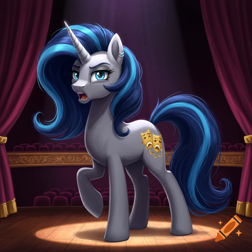 A theatrical unicorn pony with steel gray coat, blue mane, and comedy/tragedy mask cutie mark stands on a spotlighted stage.