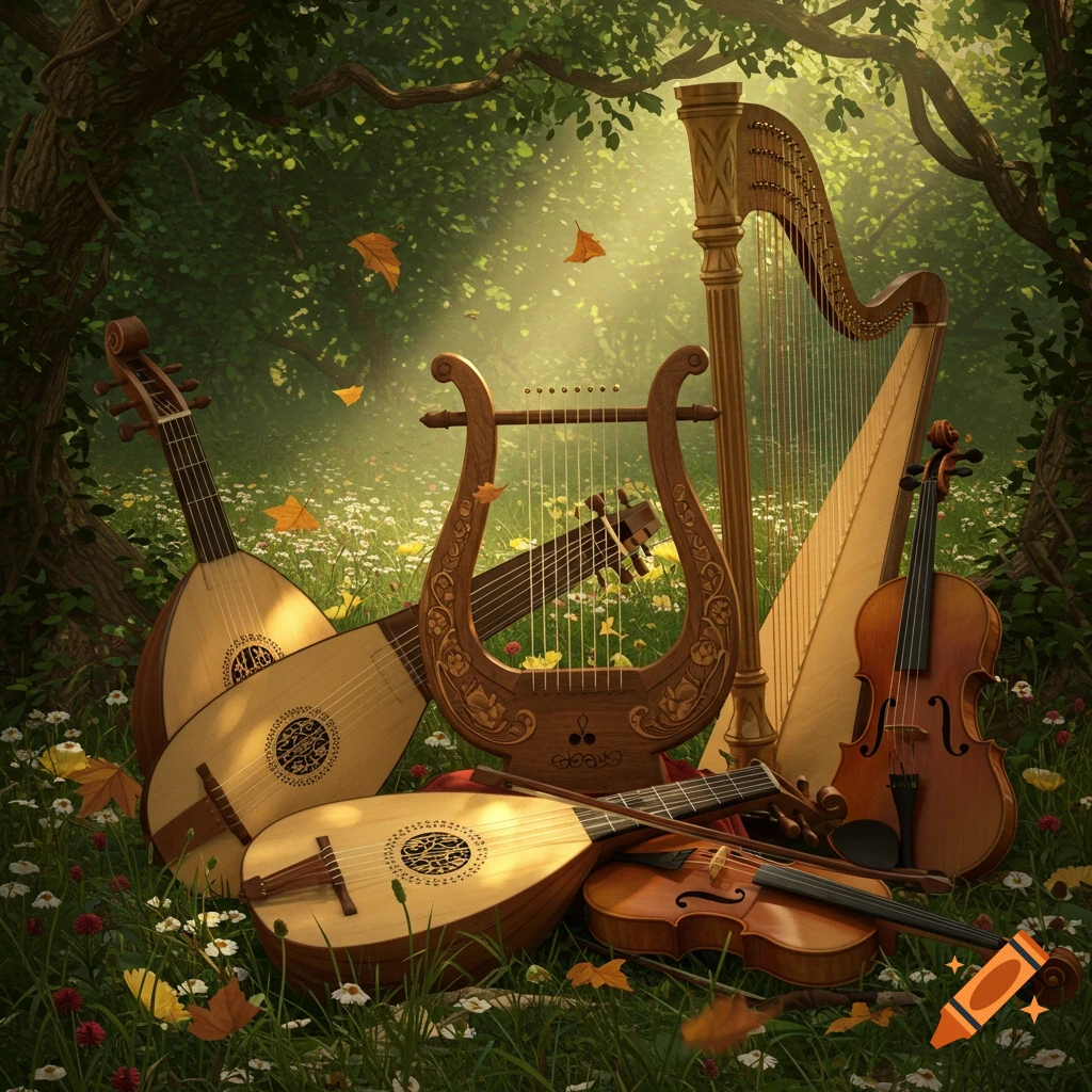Various stringed musical instruments including lutes, lyres, violins, and a harp arranged in a sunlit, flowery forest clearing.