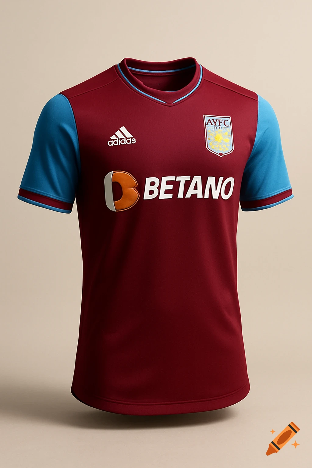 Photorealistic image of an Aston Villa football jersey in claret and blue, with Adidas logo and BETANO sponsor.