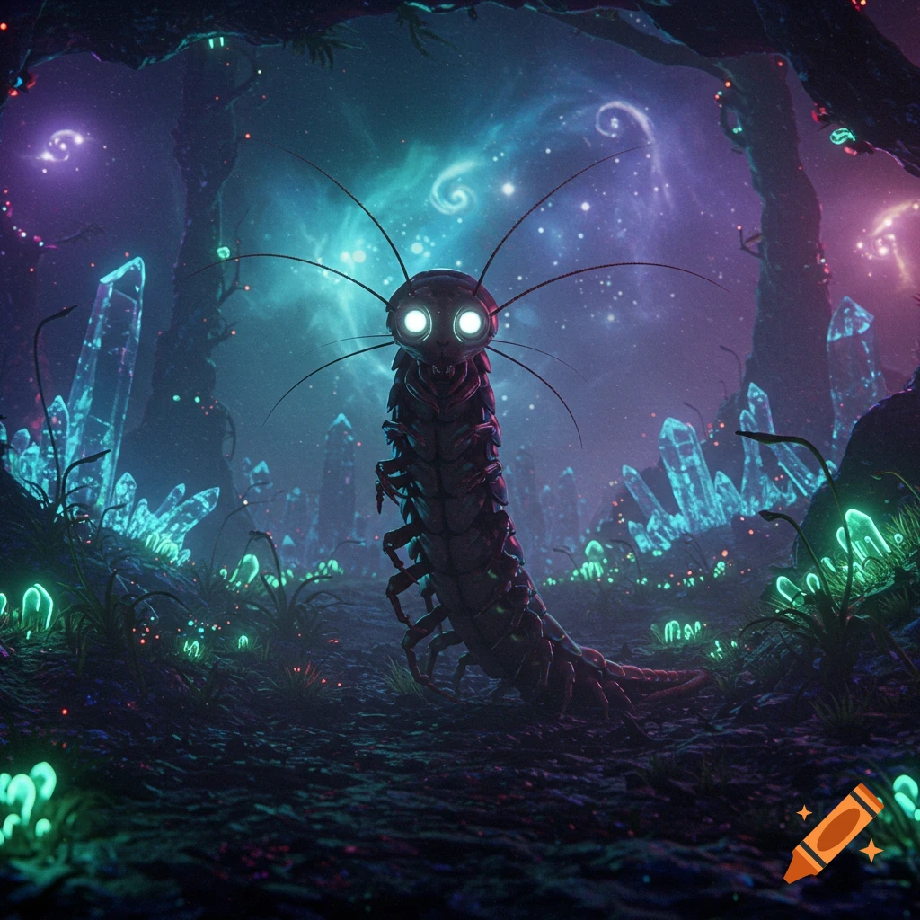 An alien creature with bright eyes and a segmented body stands in a glowing crystal cave under a swirling nebula.