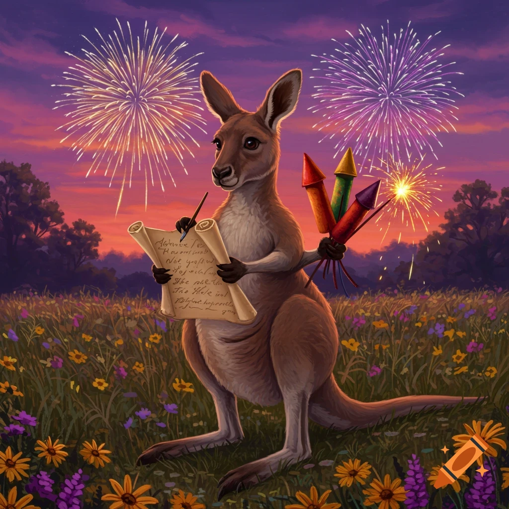 A kangaroo stands in a field of wildflowers at dusk, holding a scroll and pen in one hand and lit fireworks in the other, with fireworks exploding in the sky behind it.