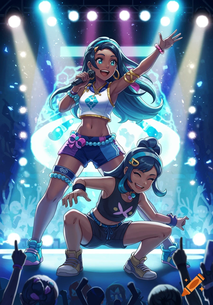 Anime style illustration of Nessa singing into a microphone and Gloria crouching on stage during a vibrant Pokémon concert.