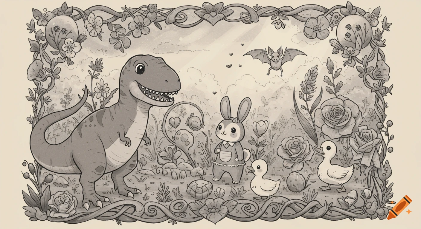 A black and white whimsical illustration of a friendly T-Rex, a bunny, and two ducklings in a lush meadow with a decorative floral border and a bat flying above.