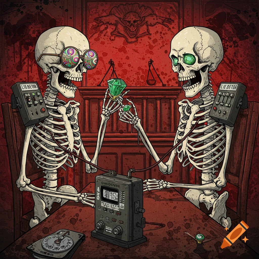 Two skeletons, one wearing psychedelic glasses and holding a large emerald, the other with glowing green eyes, are hooked up to lie detector machines in a dark, blood-splattered red room with scales of justice in the background, in a style resembling Ralph Steadman.