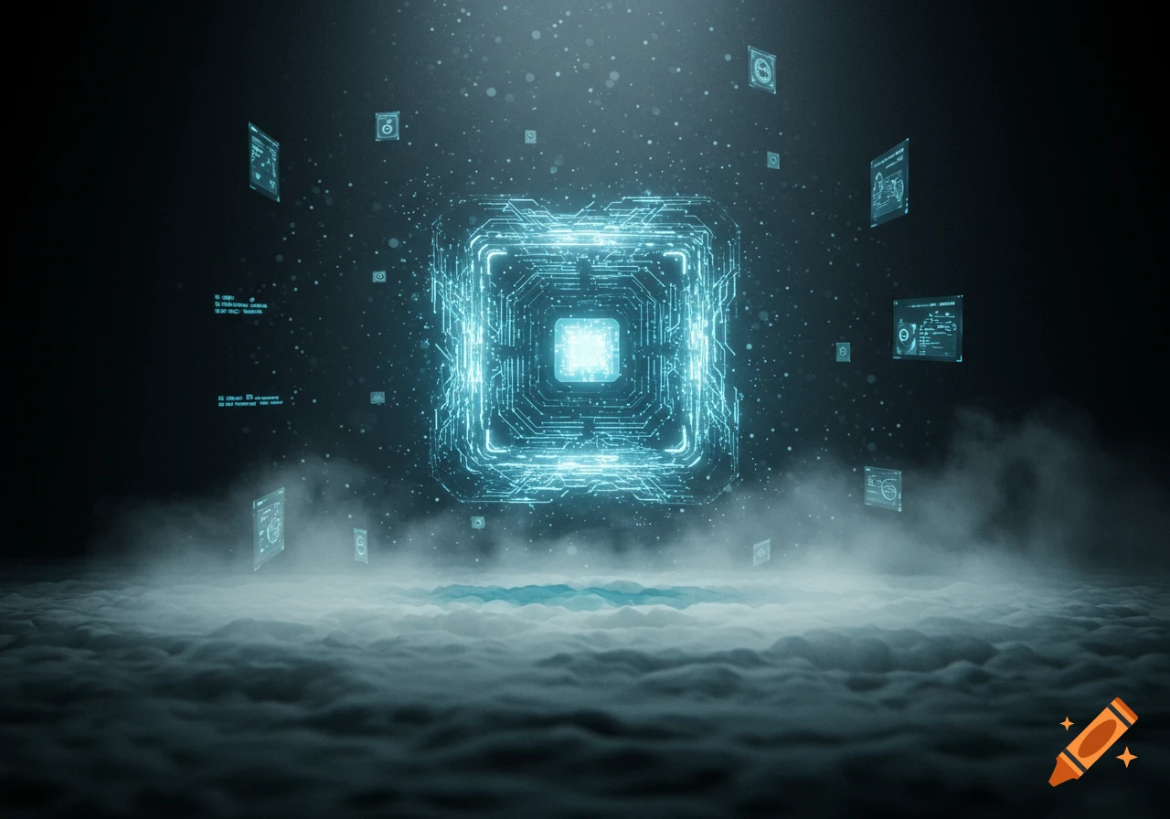 A glowing blue digital cube with circuit patterns hovers above misty clouds, surrounded by floating data screens in a dark, futuristic space.