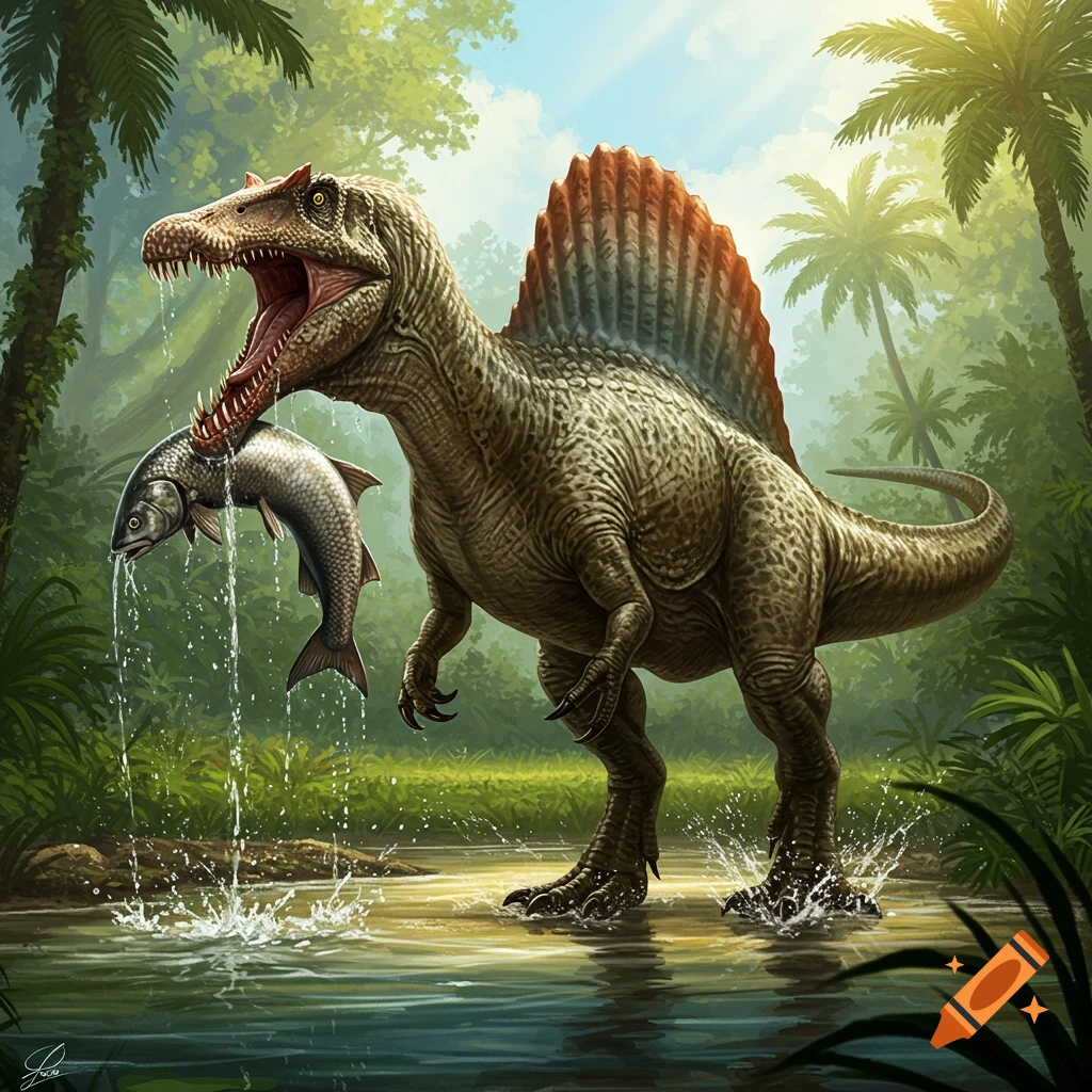 A large Spinosaurus dinosaur emerges from a tropical river with a fish caught in its mouth, amidst lush green jungle foliage.