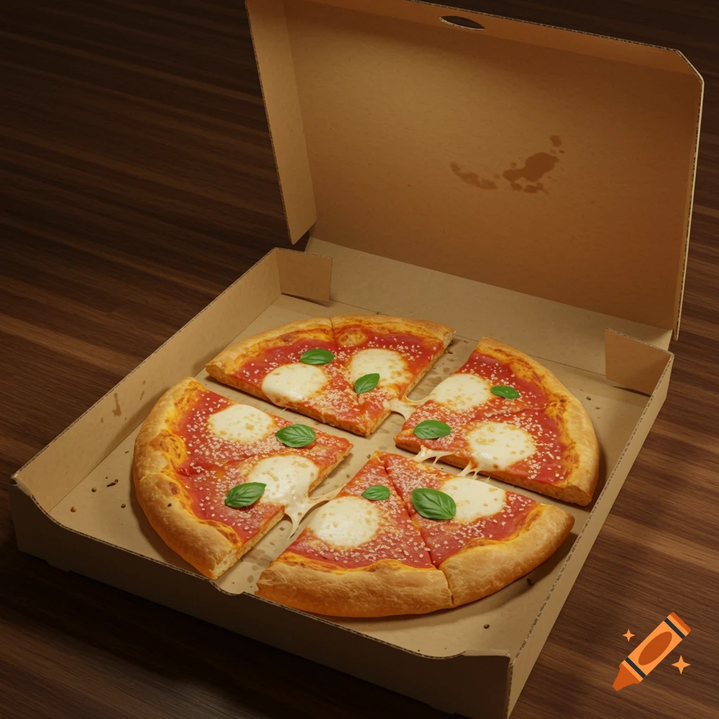 Four slices of Margherita pizza with basil leaves and melted cheese in a cardboard pizza box on a wooden surface.